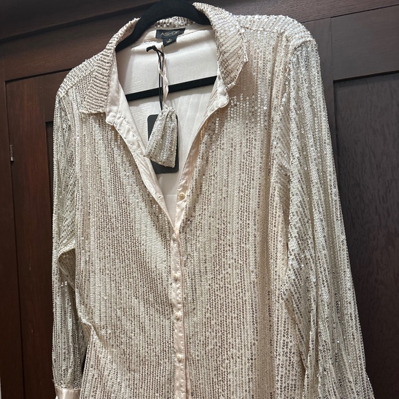 NWT ASbyDF Champagne Sequin Camellia Blouse with Satin Cuffs - Size M - Picture 1 of 2